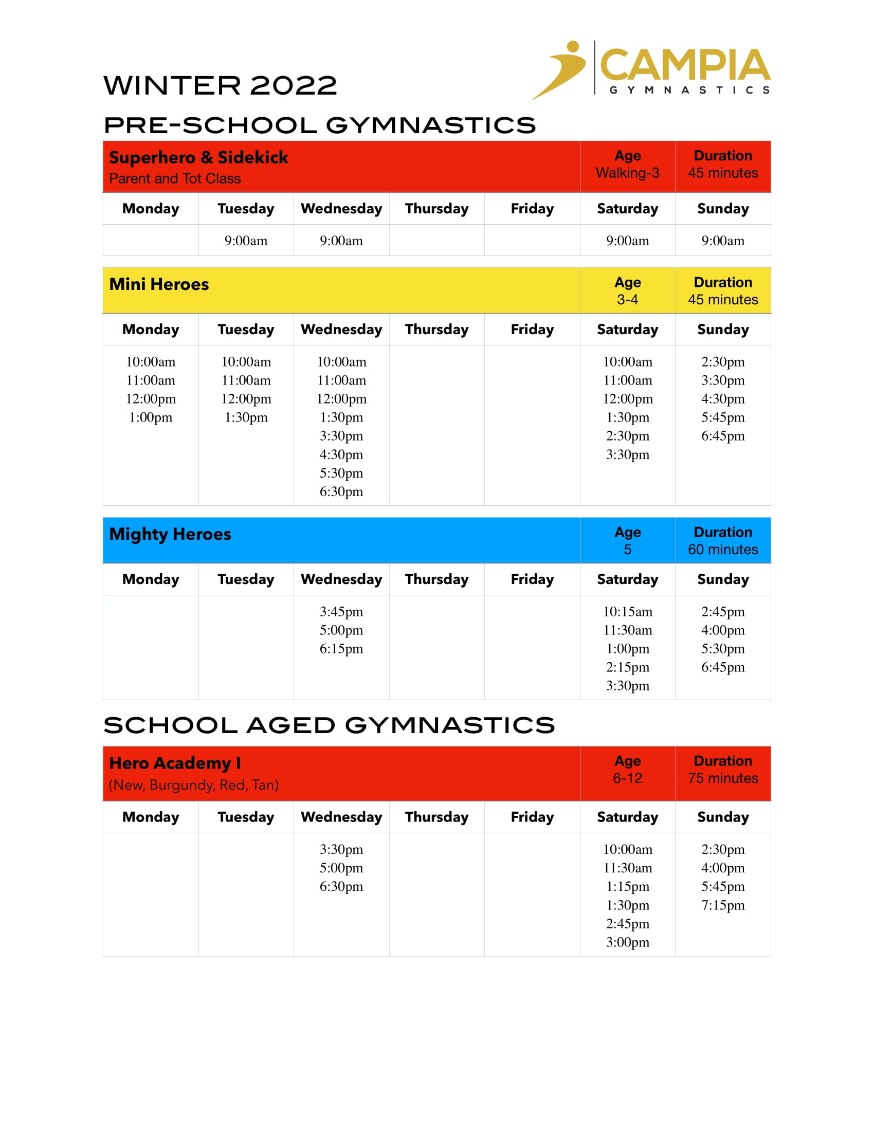 Winter 2022 Recreational Class Schedule :: Campia Gymnastics Club Inc